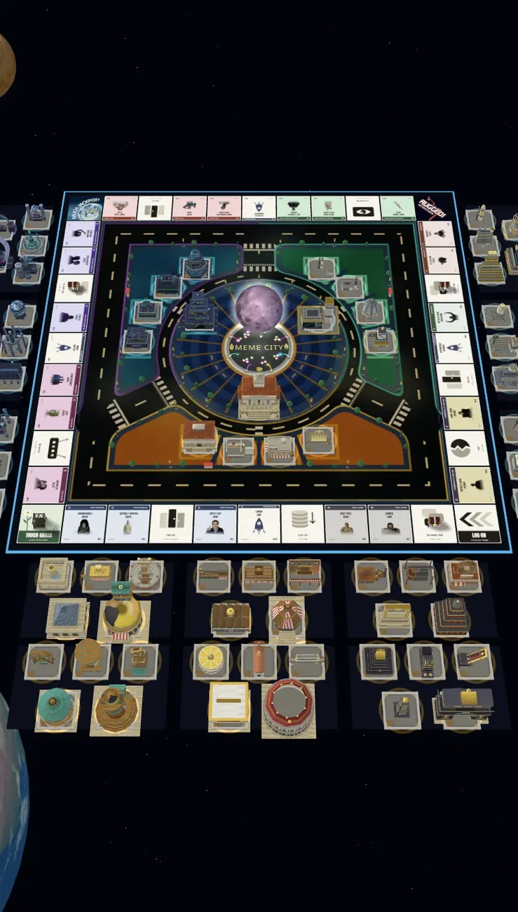 The Meme City game board on a phone: a square board of street tiles around a 3D city with the Moon at its center, and rows of built landmarks below.