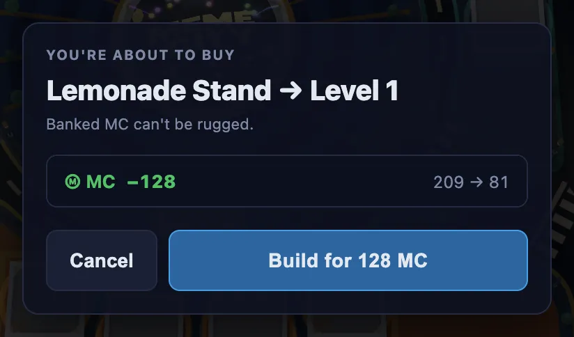 The confirmation sheet: You're about to buy Lemonade Stand to Level 1. MC minus 128, 209 to 81. Cancel, or Build for 128 MC.